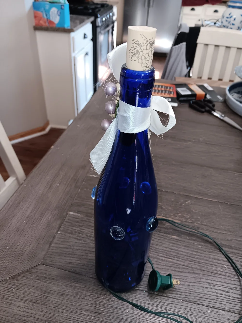 Decorative Cobalt Blue Glass Bottle with Pastel Bead Accent and Bow -lights Up
